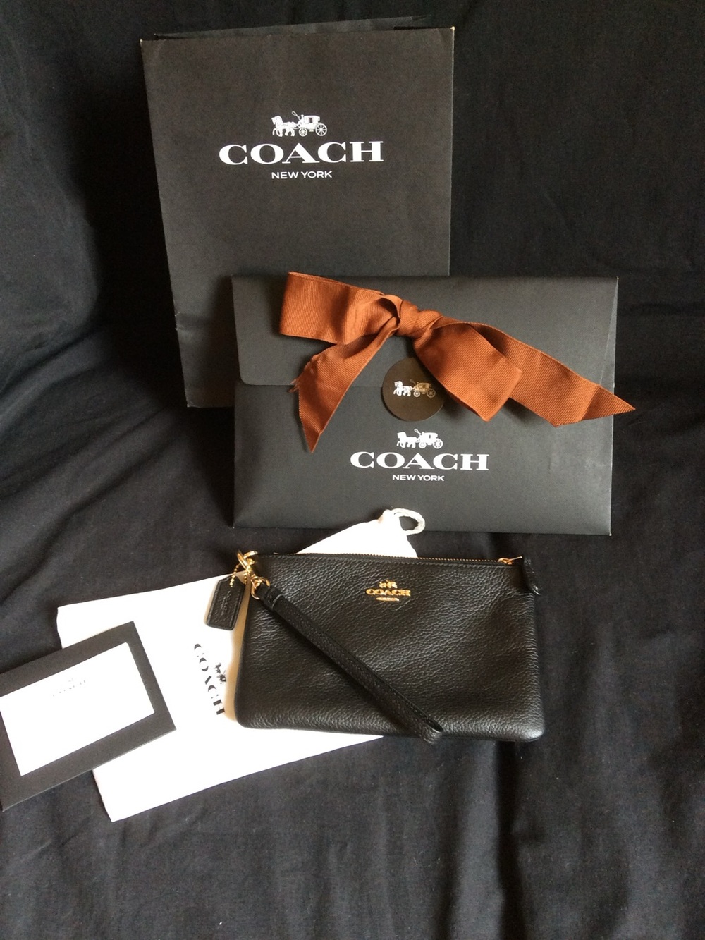 Coach Black Leather Wristlet with Gold Hardware